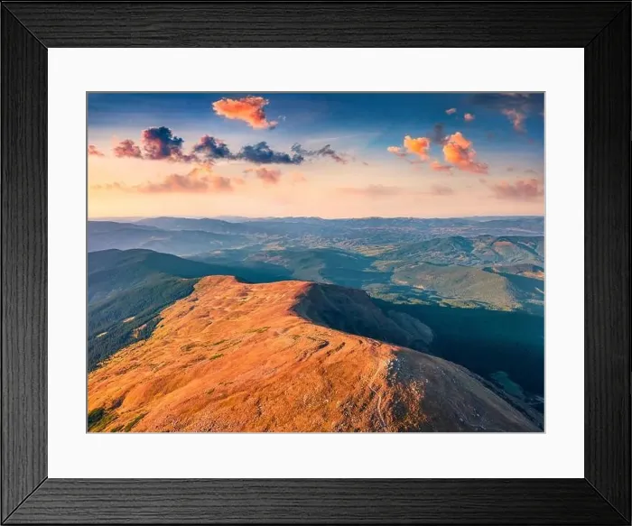 Framed Print : Aerial landscape photography. Sunny summer view from flying drone of Menchul mountain range Framed Print : Aerial landscape photography. Sunny summer view from flying drone of Menchul mountain range
