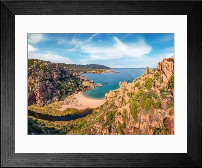 Framed Print : Aerial landscape photography. Sunny morning view from flying drone of Li Cossi beach Framed Print : Aerial landscape photography. Sunny morning view from flying drone of Li Cossi beach
