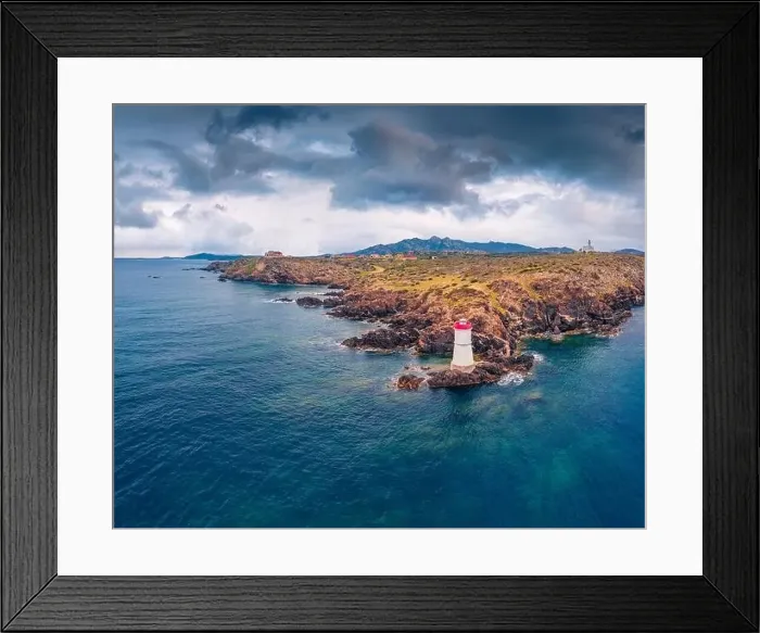 Framed Print : Aerial landscape photography. Dramatic morning view from flying drone of di Capo Ferro Lighthose Framed Print : Aerial landscape photography. Dramatic morning view from flying drone of di Capo Ferro Lighthose