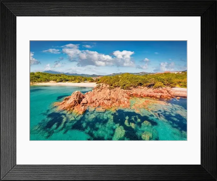 Framed Print : Aerial landscape photography. Sunny spring view from flying drone of popular touris deastination - Capriccioli beach Framed Print : Aerial landscape photography. Sunny spring view from flying drone of popular touris deastination - Capriccioli beach