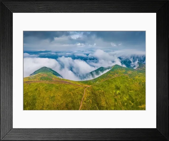 Framed Print : Aerial landscape photography. Foggy summer scene of Svydovets mountain range with old country road Framed Print : Aerial landscape photography. Foggy summer scene of Svydovets mountain range with old country road