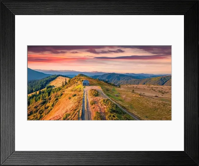 Framed Print : Beautiful autumn scenery. Colorful morning view of tourist shelter Framed Print : Beautiful autumn scenery. Colorful morning view of tourist shelter