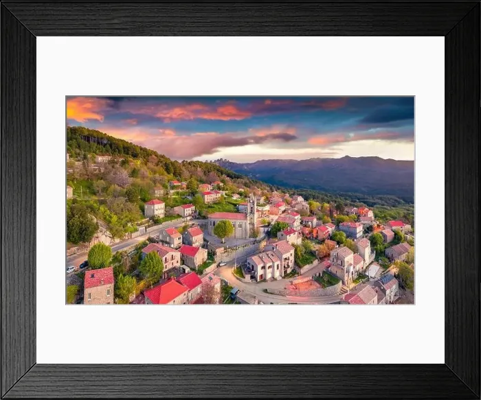 Framed Print : Aerial landscape photography. Wonderful morning view from flying drone of Zonza town Framed Print : Aerial landscape photography. Wonderful morning view from flying drone of Zonza town