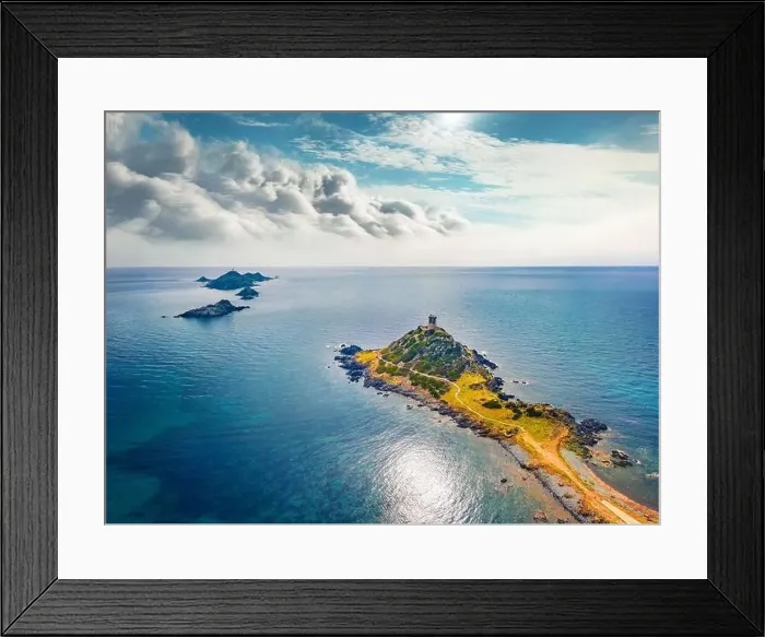 Framed Print : Aerial landscape photography of popular tourist destination Torra di a Parata - 16th-century Genoese tower reached by a