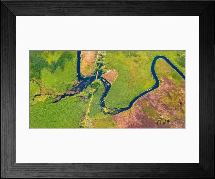 Framed Print : Straight dawn panoramic view from flying drone of bridge over Seret river