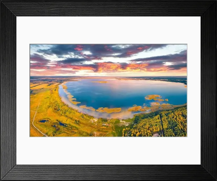 Framed Print : Aerial landscape photography. Colorful evening scene of Svityaz lake Framed Print : Aerial landscape photography. Colorful evening scene of Svityaz lake