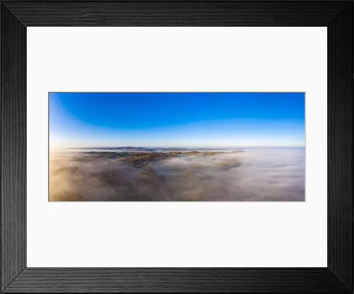 Framed Print : Drone image of morning ground fog over fields in the German province of North Hesse near the village of Rhoden in autumn