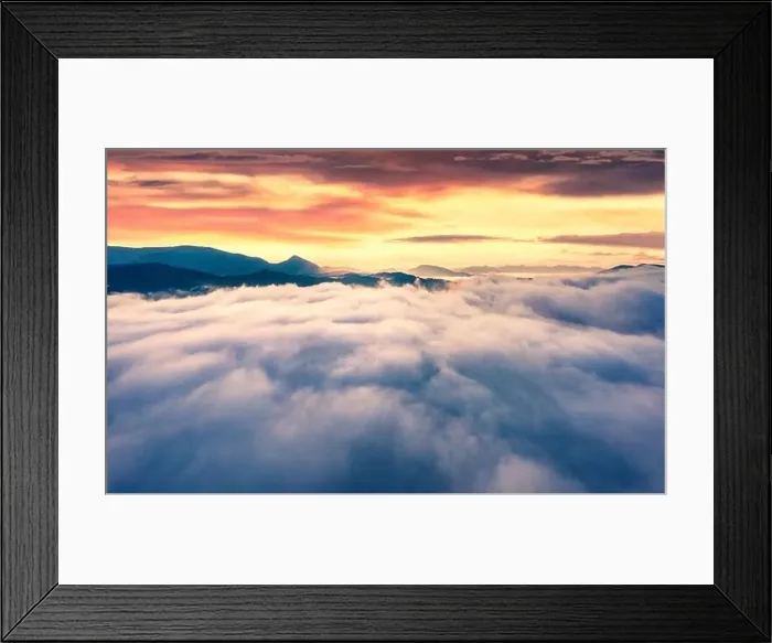 Framed Print : Foggy summer scenery. Flying above the clouds on drone Framed Print : Foggy summer scenery. Flying above the clouds on drone