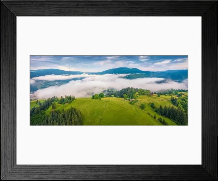 Framed Print : Beautiful summer scenery. Morning fog spreads on the mountain valley Framed Print : Beautiful summer scenery. Morning fog spreads on the mountain valley