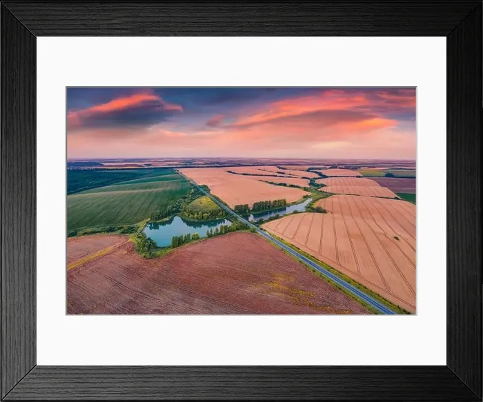 Framed Print : Aerial landscape photography. Spectacular summer sunset on the Ternopil outskirts with two lakes and asphalt road Framed Print : Aerial landscape photography. Spectacular summer sunset on the Ternopil outskirts with two lakes and asphalt road