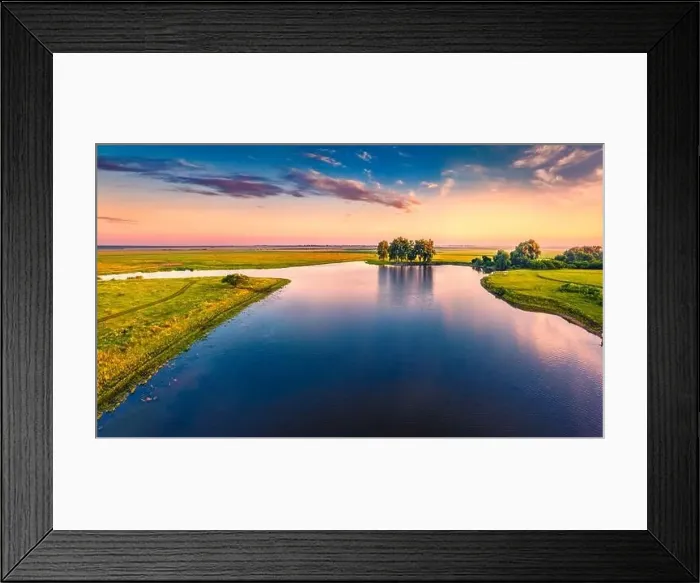 Framed Print : Aerial landscape photography. Fantastic summer sunrise on small lake Framed Print : Aerial landscape photography. Fantastic summer sunrise on small lake