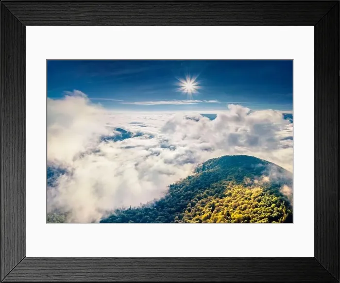 Framed Print : Aerial landscape photography. Foggy morning view from flying drone of mountain forest Framed Print : Aerial landscape photography. Foggy morning view from flying drone of mountain forest
