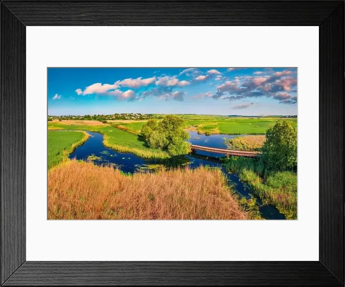 Framed Print : Aerial landscape photography. View from flying drone small of bridge over Seret river Framed Print : Aerial landscape photography. View from flying drone small of bridge over Seret river