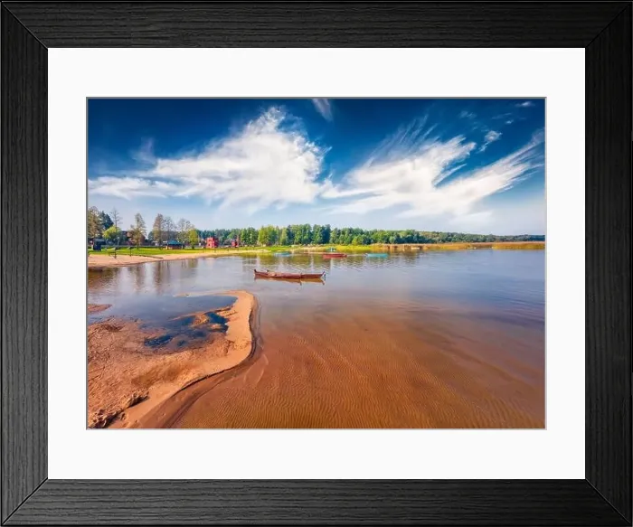 Framed Print : Aerial landscape photography. Nice summer view from flying drone of fishing boats on the Svityaz lake Framed Print : Aerial landscape photography. Nice summer view from flying drone of fishing boats on the Svityaz lake