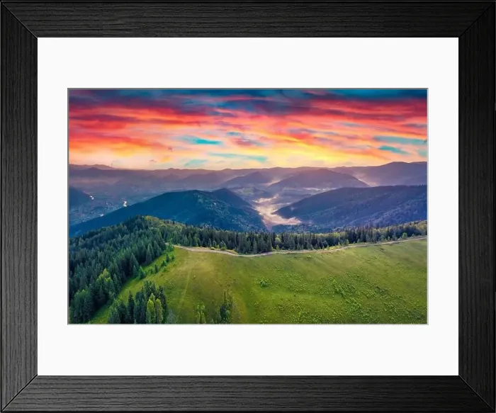 Framed Print : Aerial landscape photography. Splendid summer view from flying drone of mountain valley Framed Print : Aerial landscape photography. Splendid summer view from flying drone of mountain valley