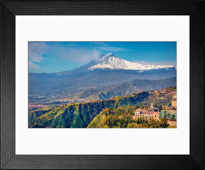 Framed Print : Aerial landscape photography. Picturesque morning view of Taormina town and Etna volcano on background