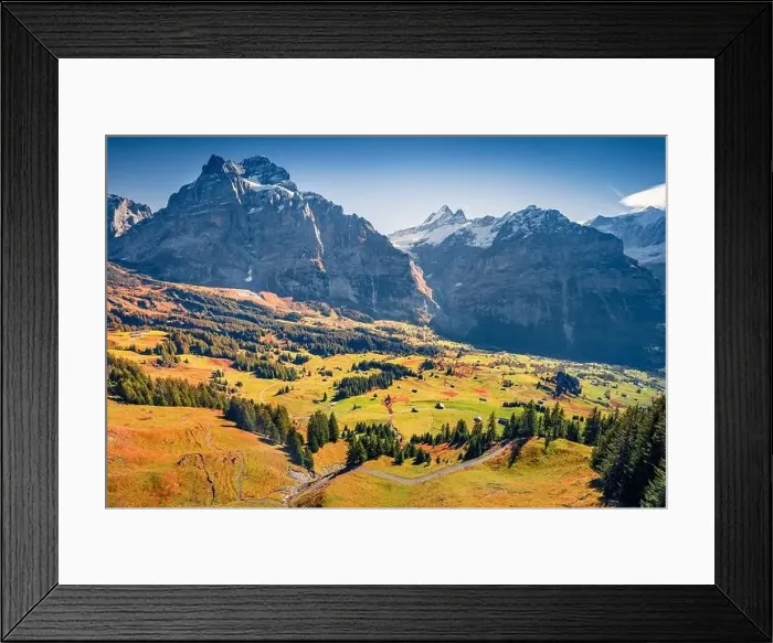 Framed Print : Aerial landscape photography. Colorful morning view of Grindelwald village valley from cableway Framed Print : Aerial landscape photography. Colorful morning view of Grindelwald village valley from cableway