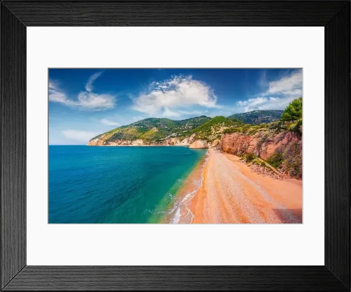 Framed Print : Bright spring view from flying drone of popular tourist destination - Mattinatella beach (Fontana delle Rose) Framed Print : Bright spring view from flying drone of popular tourist destination - Mattinatella beach (Fontana delle Rose)