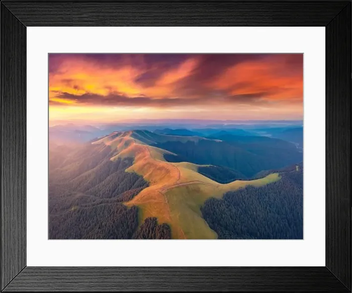 Framed Print : Aerial landscape photography. Breathtaking summer sunrise on Menchul ridge Framed Print : Aerial landscape photography. Breathtaking summer sunrise on Menchul ridge