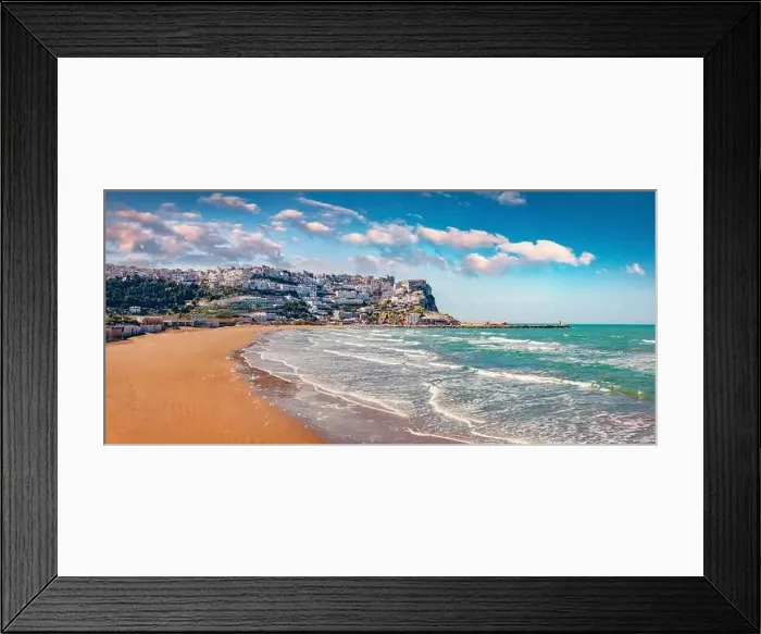 Framed Print : Beautiful marine scenery. Panoramic summer view of Peschici public beach Framed Print : Beautiful marine scenery. Panoramic summer view of Peschici public beach
