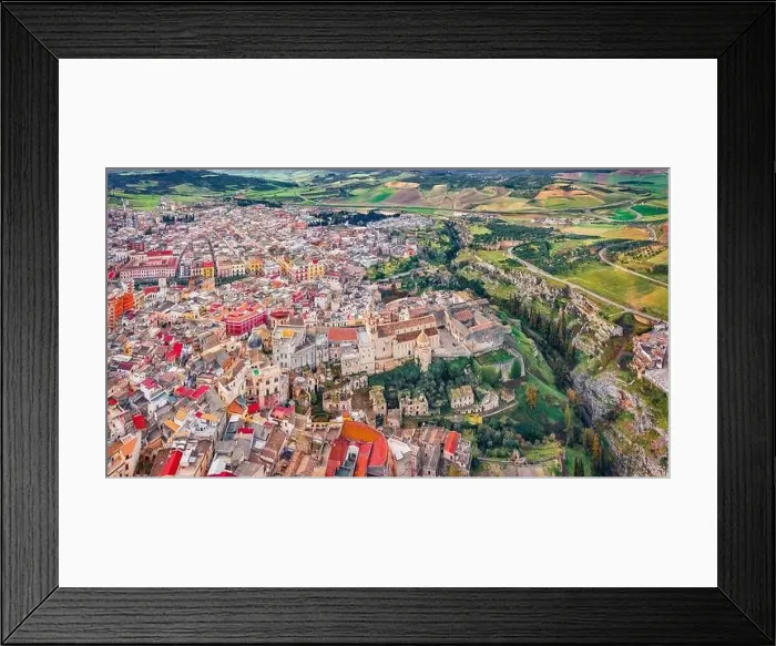 Framed Print : Aerial landscape photography. View from flying drone of Gravina in Puglia town Framed Print : Aerial landscape photography. View from flying drone of Gravina in Puglia town