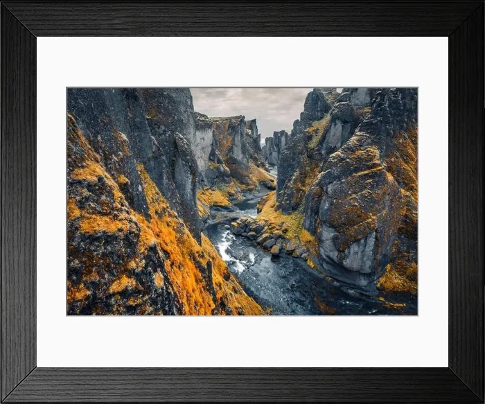 Framed Print : Aerial landscape photography. View from flying drone of Fjadrargljufur canyon and river Framed Print : Aerial landscape photography. View from flying drone of Fjadrargljufur canyon and river