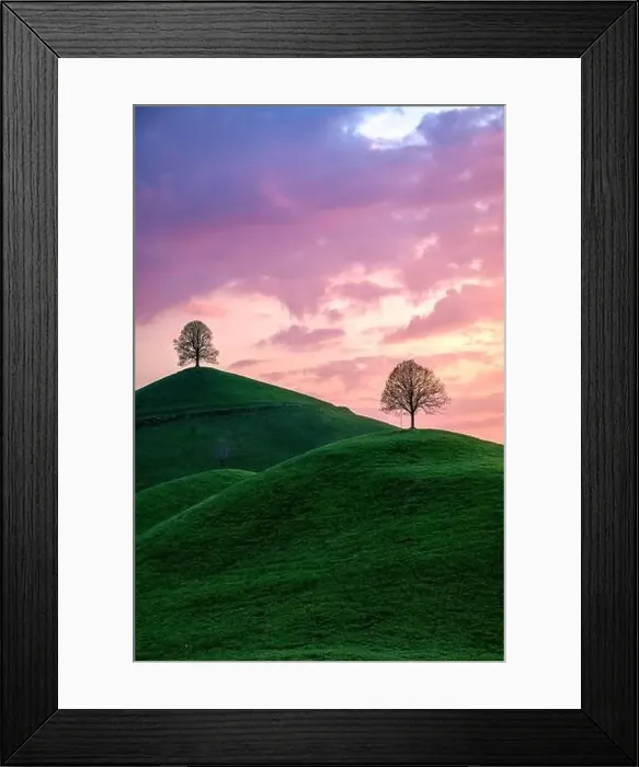 Framed Print : three trees on 3 hills under a purple sky Framed Print : three trees on 3 hills under a purple sky