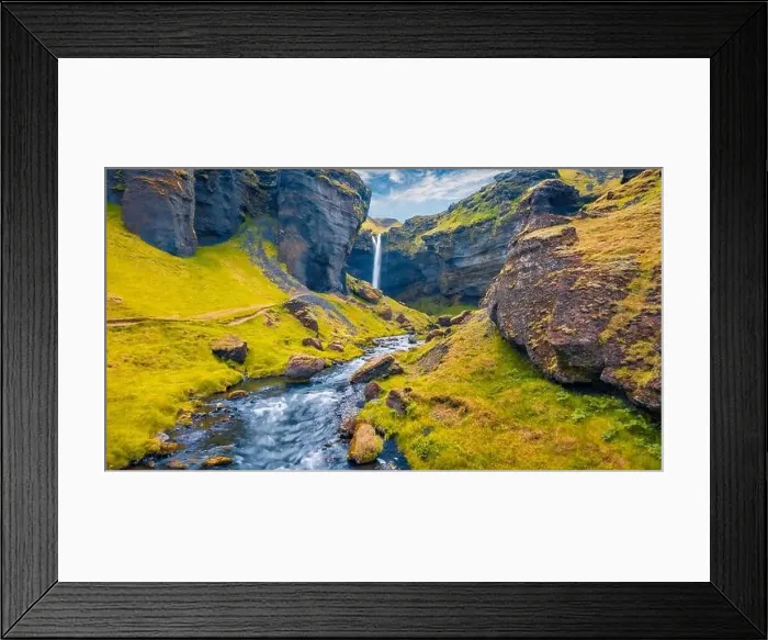Framed Print : View from flying drone. Yellow grass on the hills on Kvernufoss watterfall Framed Print : View from flying drone. Yellow grass on the hills on Kvernufoss watterfall