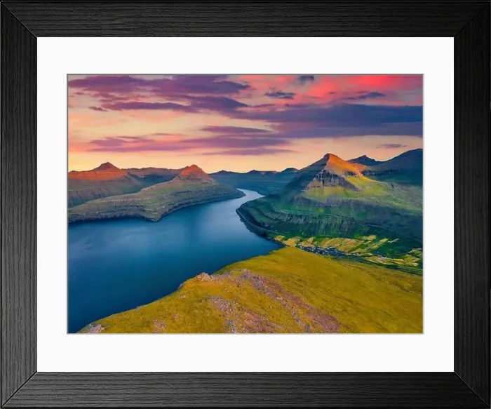 Framed Print : Aerial landscape photography. Great sunset on Faroese fjords in the outskirts of Funningur village Framed Print : Aerial landscape photography. Great sunset on Faroese fjords in the outskirts of Funningur village