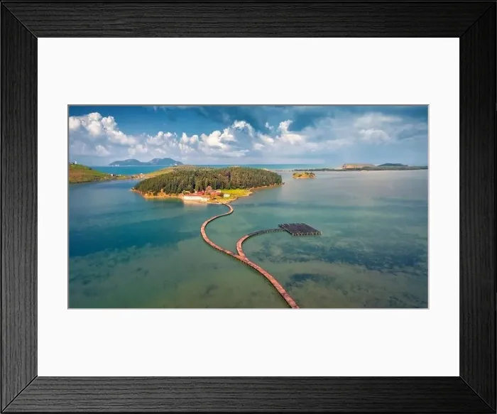 Framed Print : Aerial landscape photography. Picturesque morning view of St Mary's Monastery and wooden pier Framed Print : Aerial landscape photography. Picturesque morning view of St Mary's Monastery and wooden pier