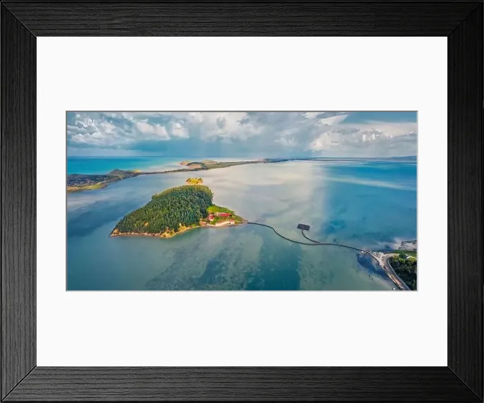 Framed Print : Aerial landscape photography. Aamzing morning view of St Mary's Monastery and wooden pier