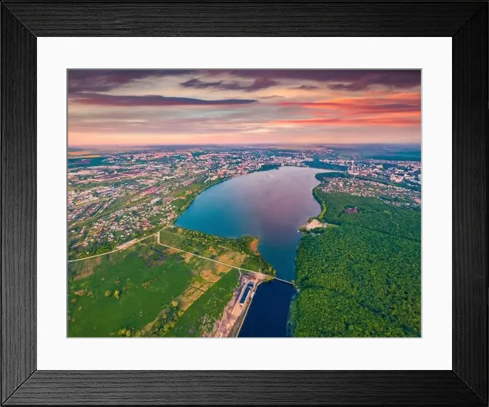 Framed Print : Aerial landscape photography. View from flying drone of Ternopil city Framed Print : Aerial landscape photography. View from flying drone of Ternopil city