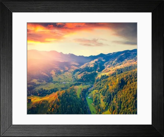 Framed Print : Astonishing autumn view from flying drone of Bystrets village Framed Print : Astonishing autumn view from flying drone of Bystrets village