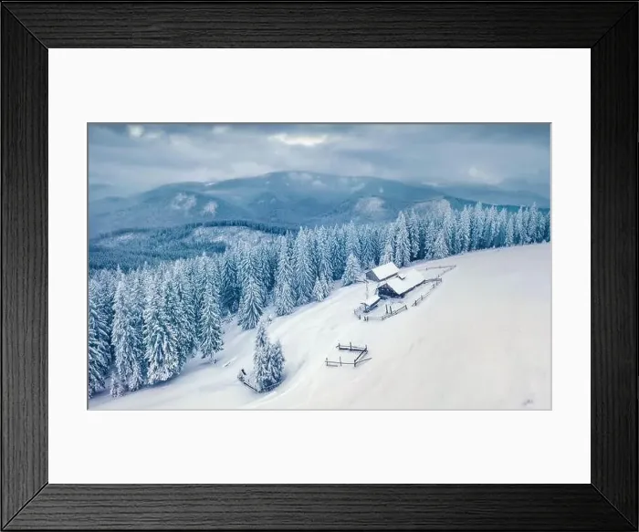 Framed Print : Beautiful winter scenery. Dramatic outdoor scene of mountain village Framed Print : Beautiful winter scenery. Dramatic outdoor scene of mountain village