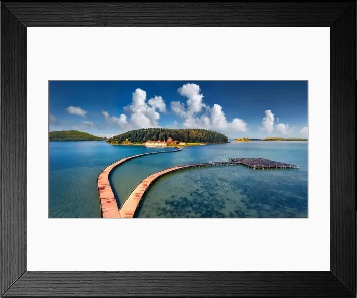 Framed Print : Aerial landscape photography. Fantastic morning view of St Mary's Monastery and wooden pier