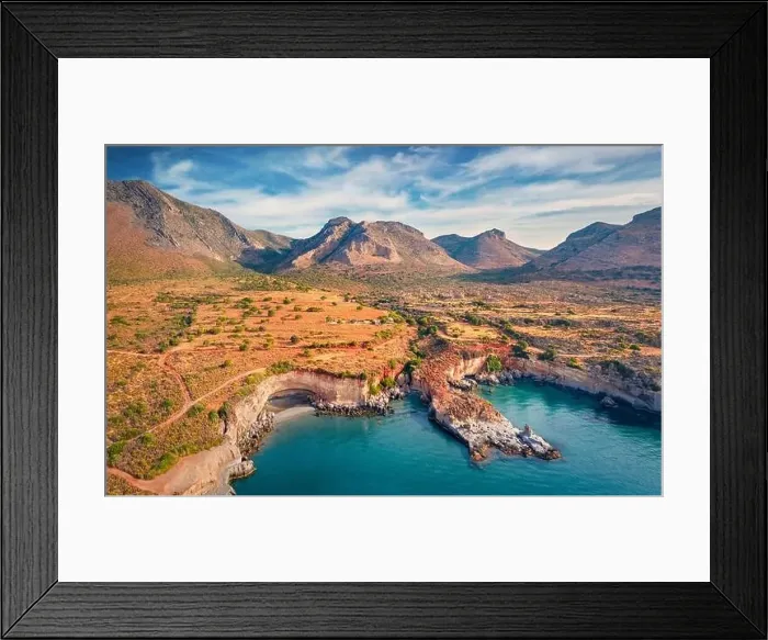 Framed Print : View from flying drone of popular tourist destination - Geopark of Agios Nikolaos Framed Print : View from flying drone of popular tourist destination - Geopark of Agios Nikolaos