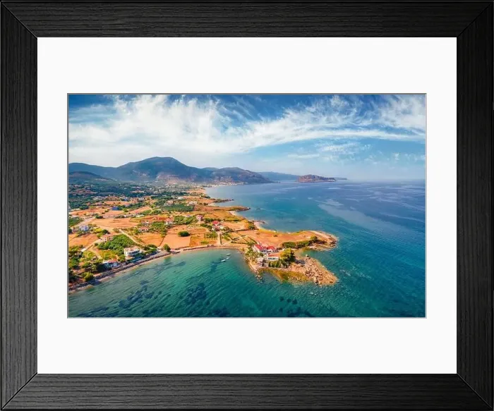 Framed Print : Aerial summer view of Xifias village vith Monemvasia mountain on background Framed Print : Aerial summer view of Xifias village vith Monemvasia mountain on background