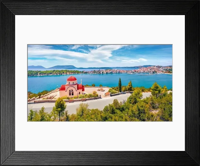 Framed Print : Impressive summer cityscape of Ermioni port and Greek Orthodox church St