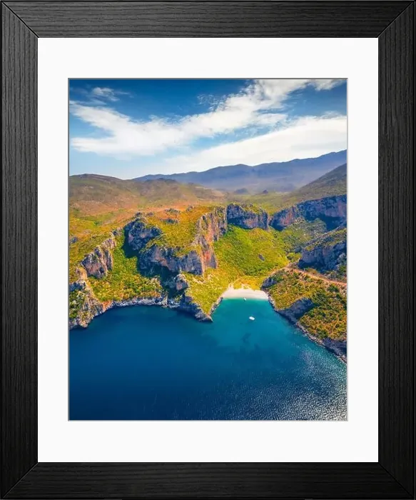 Framed Print : View from flying drone of Damos Beach Framed Print : View from flying drone of Damos Beach