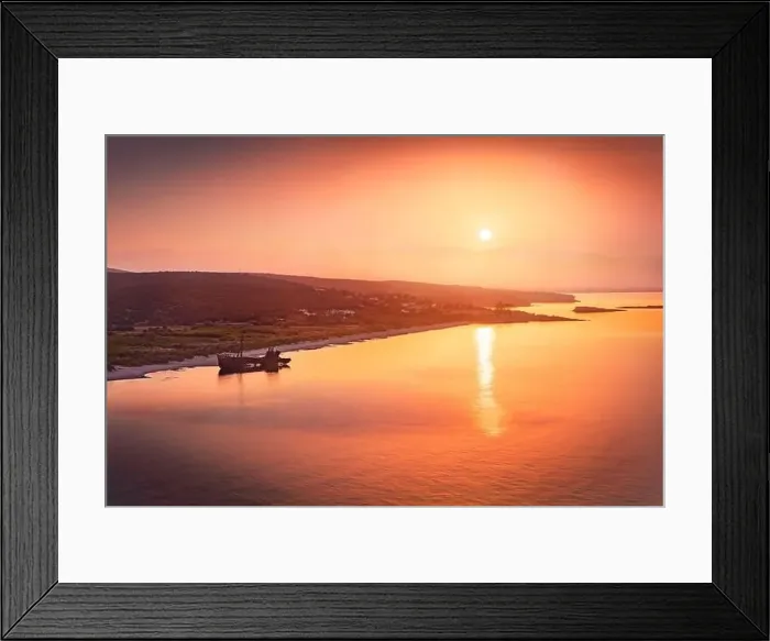 Framed Print : Red sunrise on Valtaki beach with Dimitrios Shipwreck Framed Print : Red sunrise on Valtaki beach with Dimitrios Shipwreck