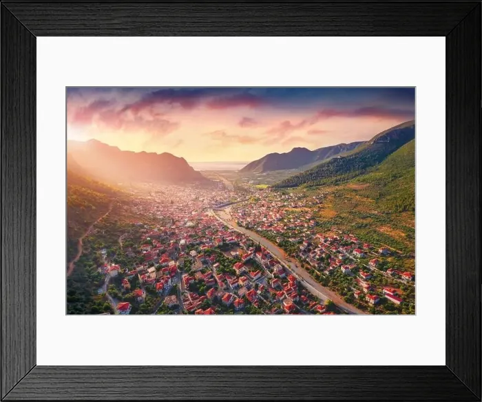 Framed Print : Astonishing view from flying drone of Leonidio town Framed Print : Astonishing view from flying drone of Leonidio town