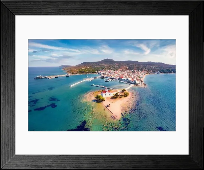Framed Print : Aerial summer cityscape of Saint Spiridon church and Elafonisos port on background Framed Print : Aerial summer cityscape of Saint Spiridon church and Elafonisos port on background