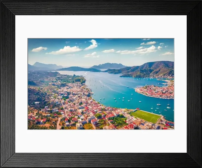 Framed Print : Spectacular summer cityscape of Galatas town with public stadium Framed Print : Spectacular summer cityscape of Galatas town with public stadium