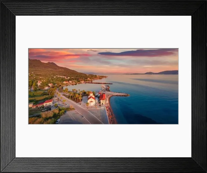 Framed Print : Dramatic summer sunrise in St. Georgios port Framed Print : Dramatic summer sunrise in St. Georgios port