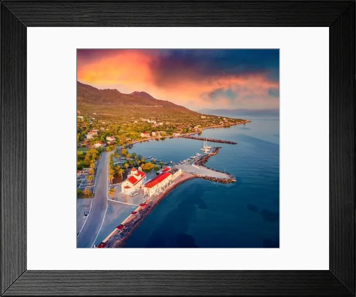 Framed Print : Dramatic summer sunrise in St. Georgios port