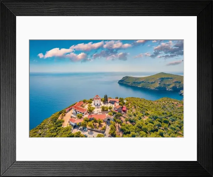 Framed Print : View from flying drone of Moni Evaggelistrias church Framed Print : View from flying drone of Moni Evaggelistrias church