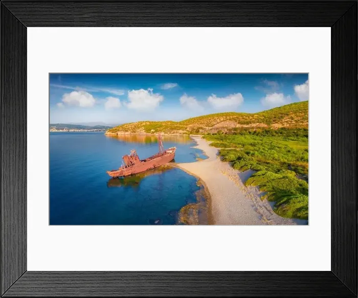 Framed Print : Exotic morning view of Valtaki beach with Dimitrios Shipwreck Framed Print : Exotic morning view of Valtaki beach with Dimitrios Shipwreck