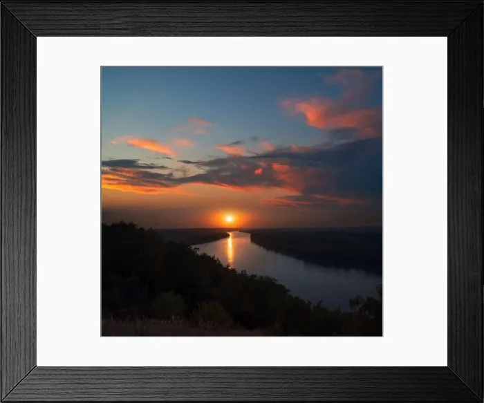 Framed Print : Aerial view of sunset river. Drone flying over the river at dawn with beautiful sky Framed Print : Aerial view of sunset river. Drone flying over the river at dawn with beautiful sky