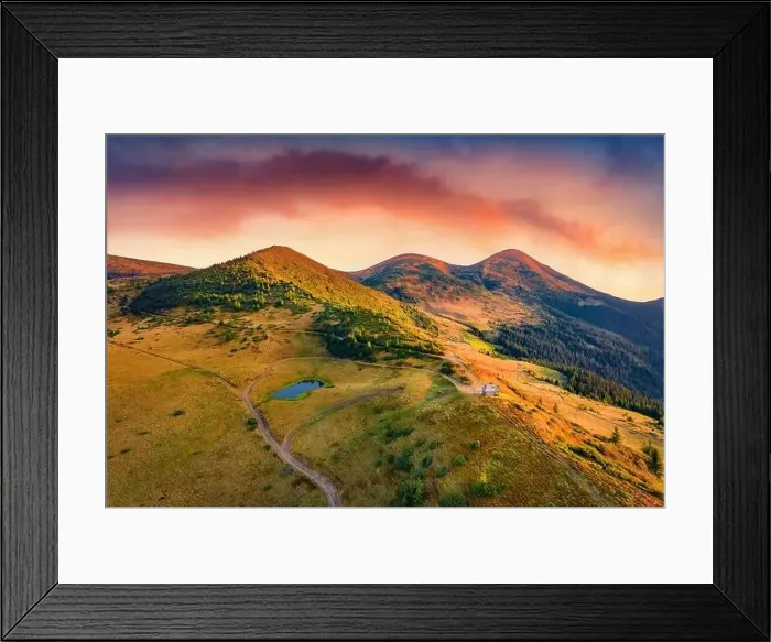 Framed Print : Beautiful autumn scenery. Amazing morning view of tourist shelter Framed Print : Beautiful autumn scenery. Amazing morning view of tourist shelter