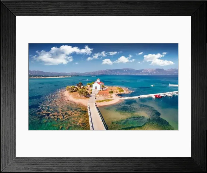 Framed Print : View from flying drone of Saint Spiridon church in Elafonisos port Framed Print : View from flying drone of Saint Spiridon church in Elafonisos port